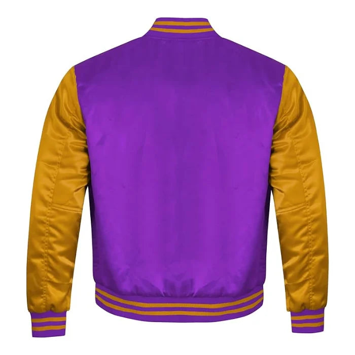 Purple and Gold Satin Varsity Jacket Back Side
