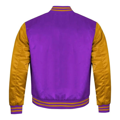 Purple and Gold Satin Varsity Jacket Back Side